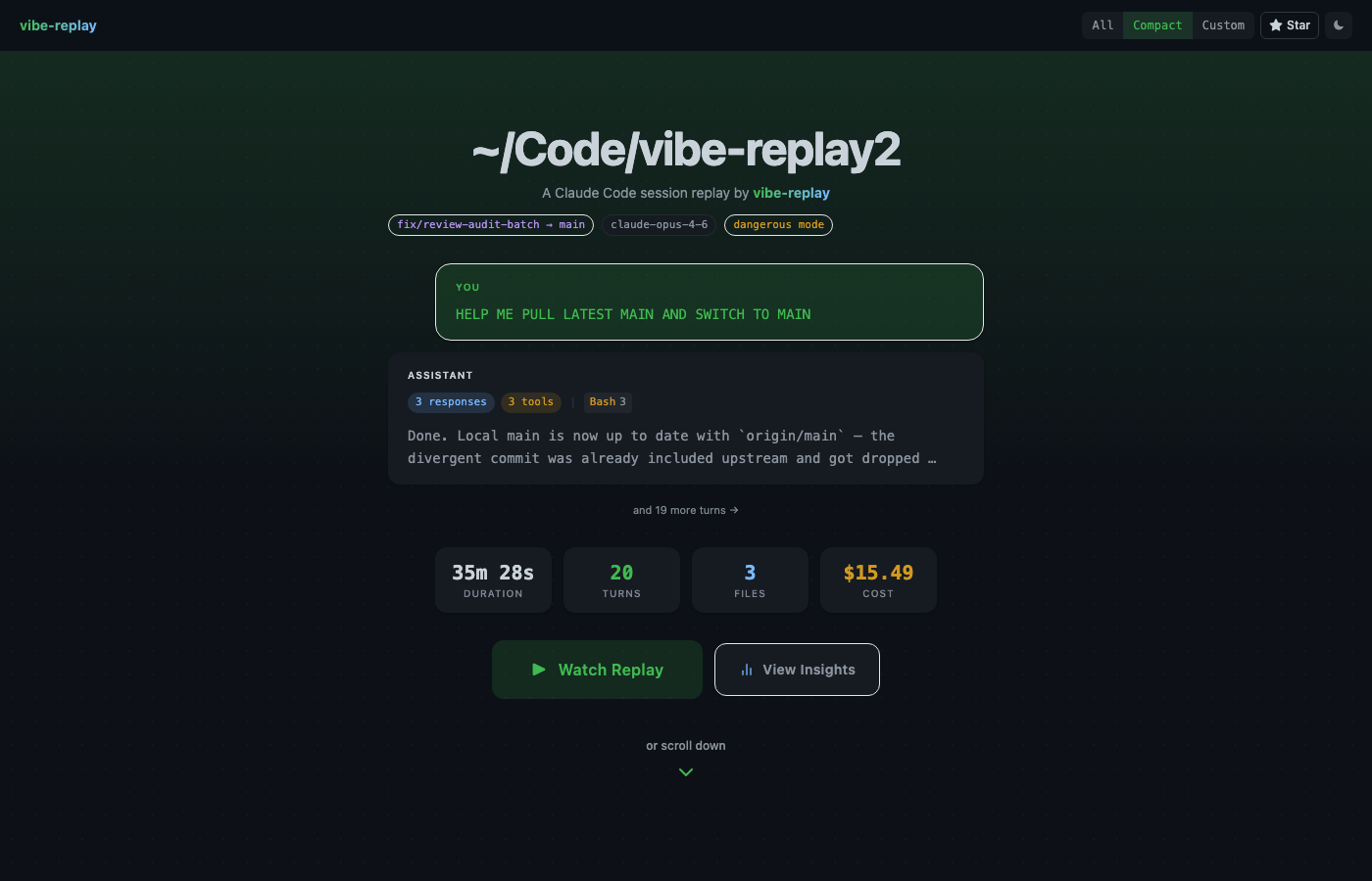 Session landing — stats overview with duration, cost, and replay controls